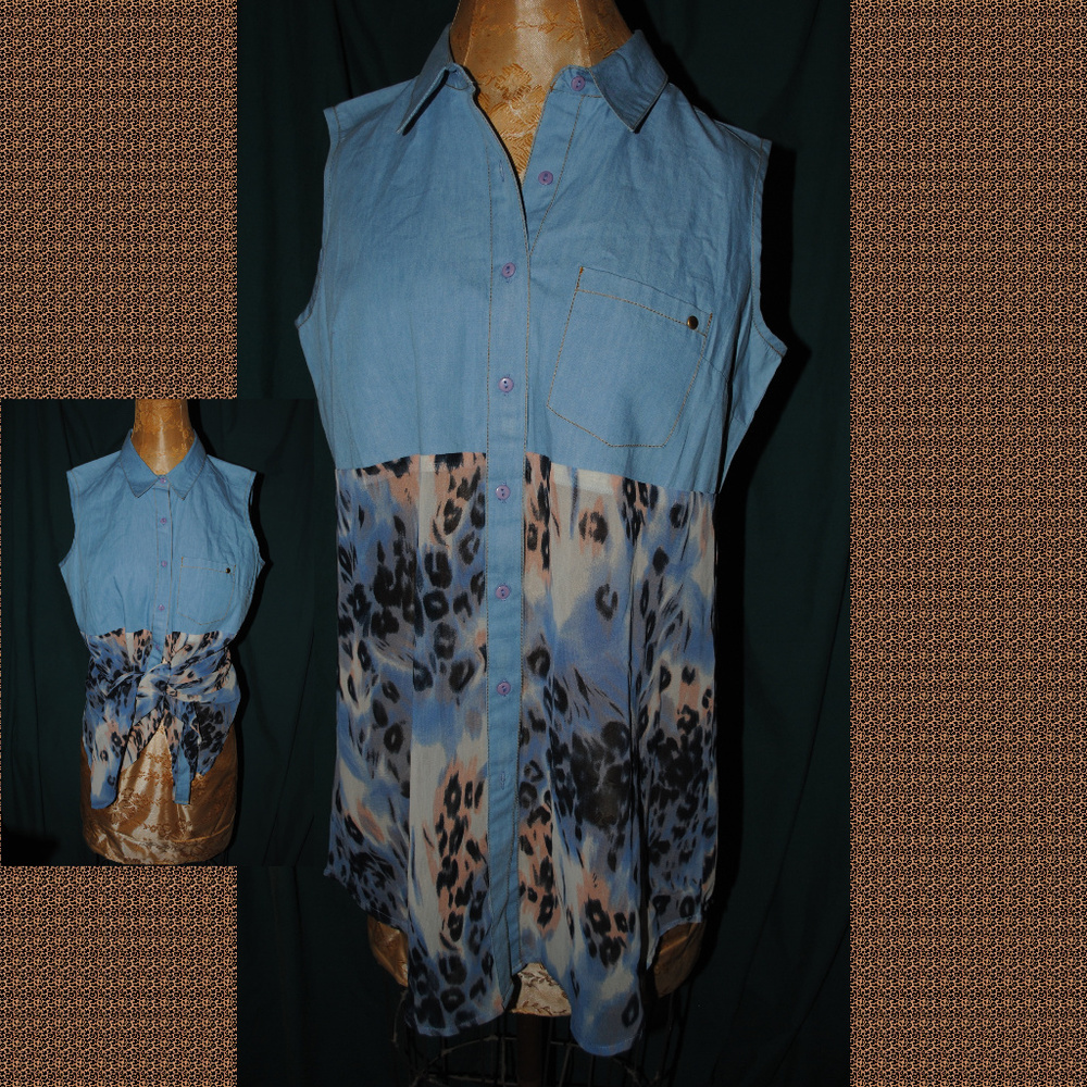 THAMP Chambray & Sheer Animal Prnt TunicTop Size M